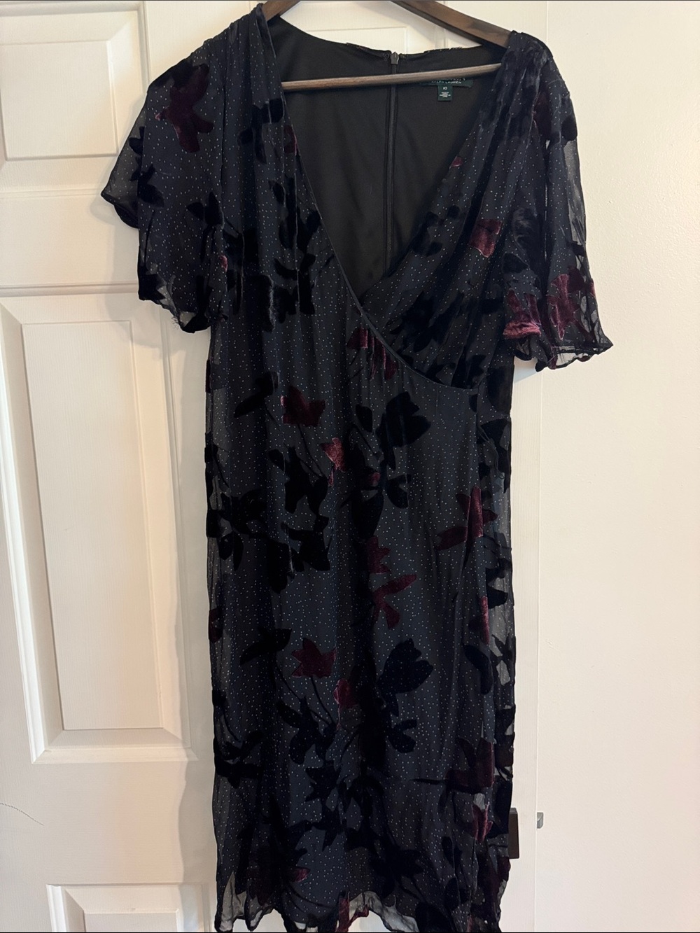 Ralph Lauren Black Velvet Burnout Floral Midi Dress with Burgundy Accents